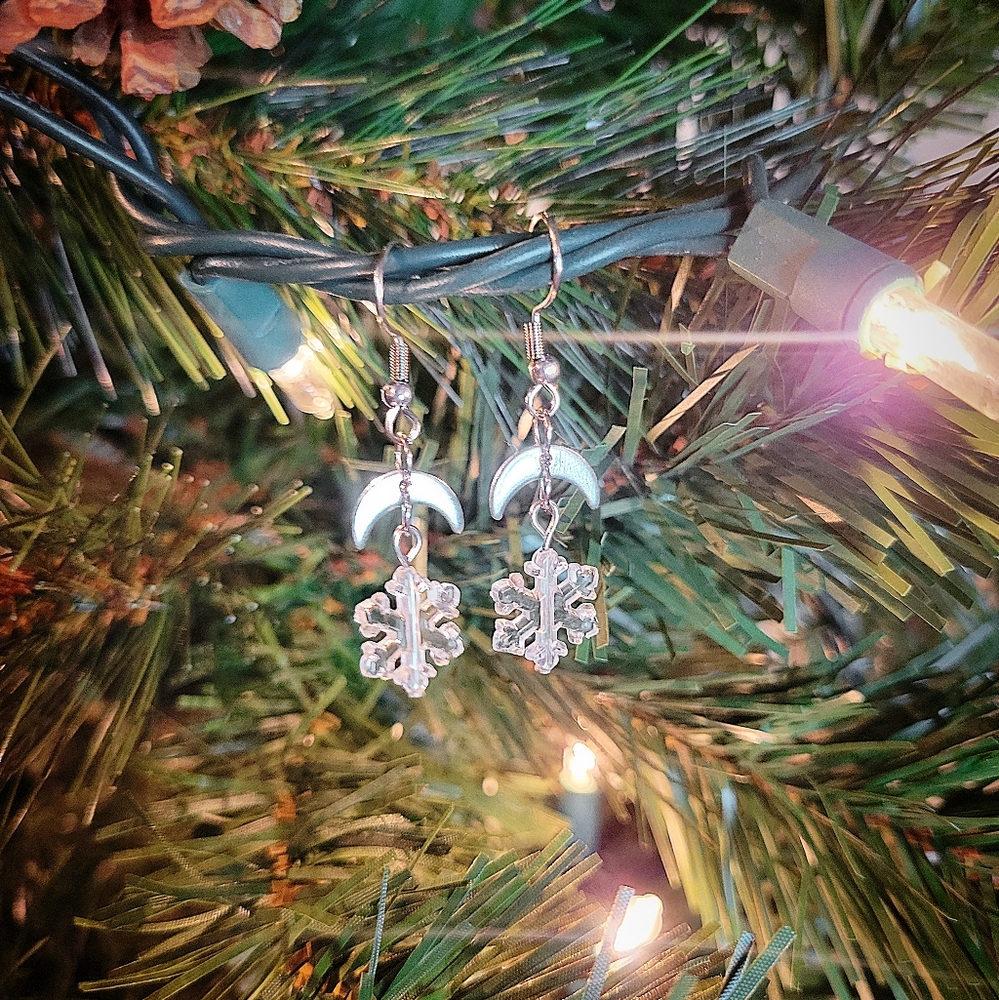 Winter Solstice Moon & Snowflake Stainless Steel Earrings, Hand Crafted! - Picture 3 of 5